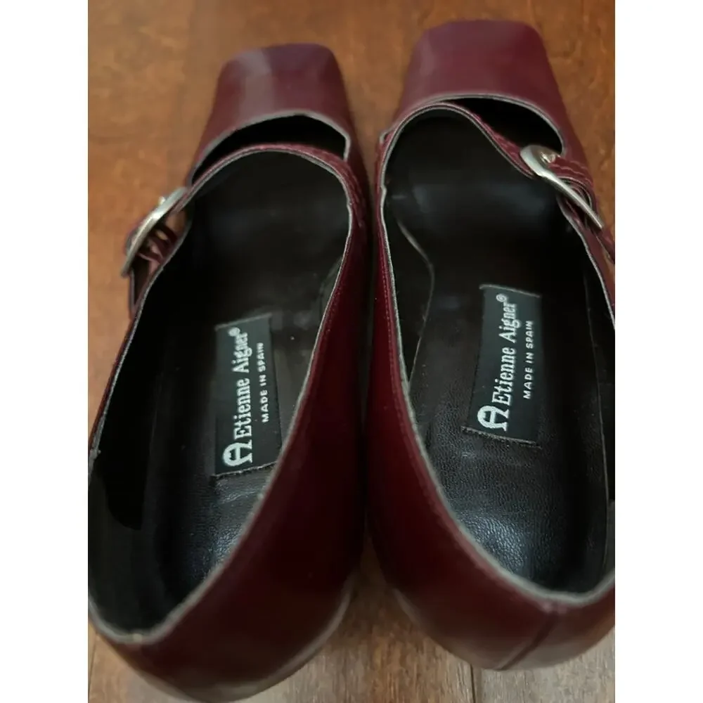 Vintage Etienne Aigner Women's Oxblood Leather Mary Jane Buckle Heels, Size 8